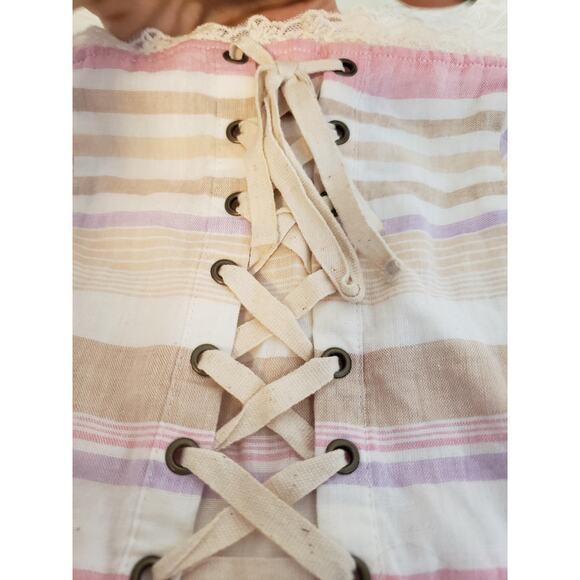 OLIVEdes OLIVE Dress sz Small Pink Beige Striped Lace Corset Top Flared Lined - Picture 16 of 16